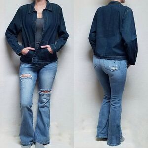 𝅺Vintage 1990s Hot Cotton Marc Ware Tan Blue Denim Button Up Shacket Jacket Med